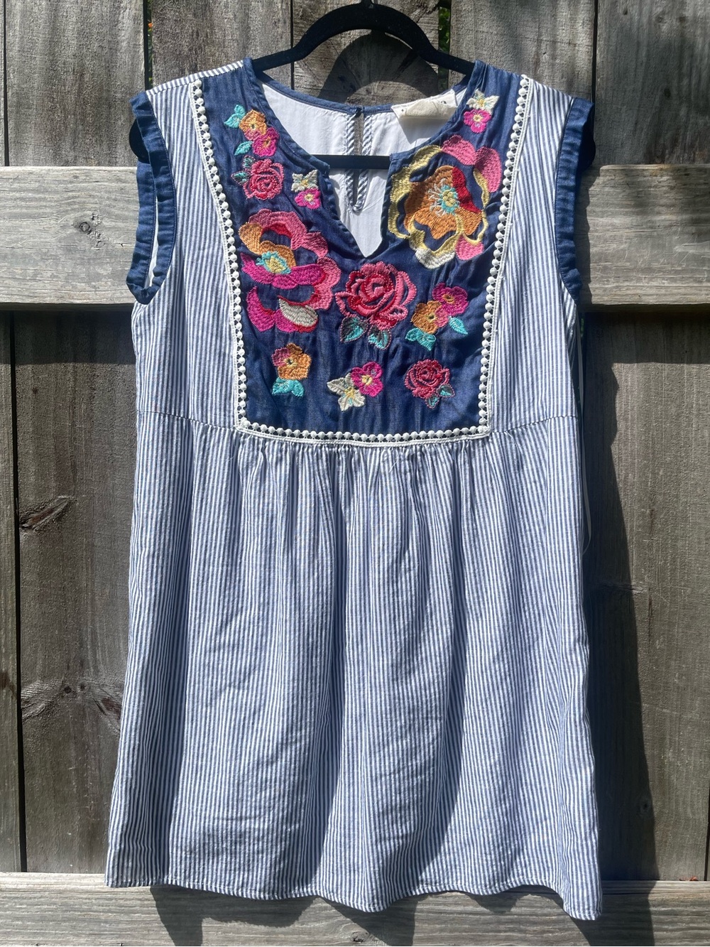 Savanna Jane Navy & White Striped Embroidered Tunic Dress Sz S